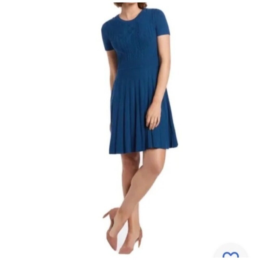 Womens Draper James‎ Sweater Dress Short Sleeve Pleats Cable Knit Teal S